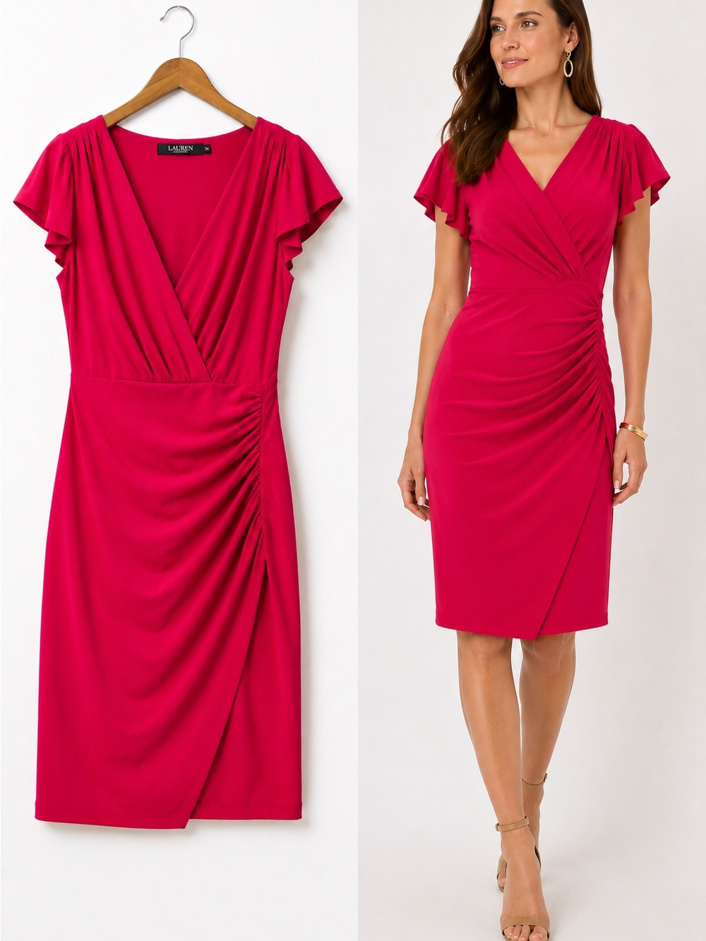 Lauren Ralph Lauren Hot Pink Faux Wrap Ruched Sheath Dress 10